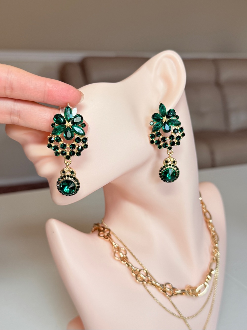 Gold & Green Crystal Floral Drop Earrings - Picture 7 of 10
